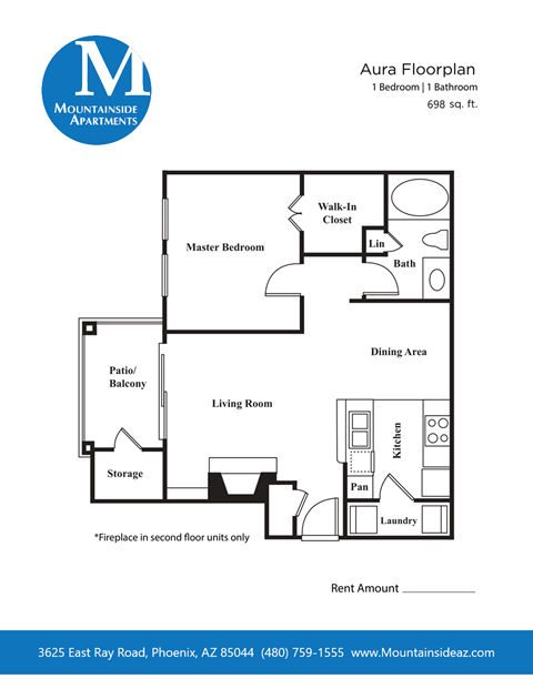 Floor plan for 1 bed, 1 bath, 698 sqft